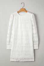 Load image into Gallery viewer, White Lace Crochet Round Neck Puff Sleeve Shift Mini Dress