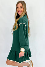 Load image into Gallery viewer, Evergreen Contrast Trim Zip Collar Long Sleeve Ruffle Hem Mini Dress
