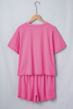 Load image into Gallery viewer, Bright Pink Seam Detail Raw Edge Tee Rainbow Waistband Casual Short Set