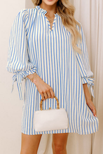 Load image into Gallery viewer, Sky Blue Stripe Knotted Bracelet Sleeve Notched Neck Shift Mini Dress