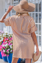 Load image into Gallery viewer, Brown Stripe Pinched V Neck Turn-up Cuffs Shift Mini Dress