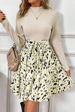 Load image into Gallery viewer, Black Ribbed Knit Patchwork Printed Belted A-line Dress