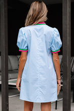 Load image into Gallery viewer, Myosotis Contrast Striped Notched V Neck Puff Sleeve Mini Dress