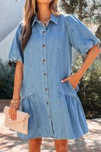 Load image into Gallery viewer, Beau Blue Button Down Short Puff Sleeve Ruffle Hem Patchwork Denim Dress