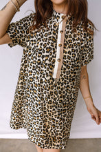 Load image into Gallery viewer, Multicolour Half Buttons Short Sleeve Loose Leopard Mini Dress with Pockets