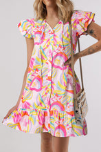 Load image into Gallery viewer, Pink Abstract Floral Ruffle Trim Flutter Sleeve Buttoned Dress