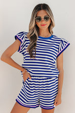 Load image into Gallery viewer, Blue Stripe Contrast Trim Cap Sleeve Top Casual Shorts 2pcs Set
