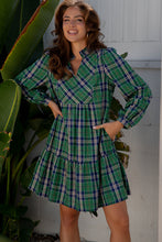 Load image into Gallery viewer, Green Plaid Print Frilly Collar Long Sleeve Shift Mini Dress