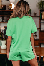 Load image into Gallery viewer, Mint Green V Neck Drop Shoulder Tee and Patchwork Drawstring Elastic Waistband Shorts Set