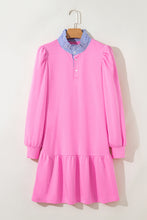 Load image into Gallery viewer, Fiery Red Contrast Striped Collar Patchwork Puff Sleeve Ruffle Hem Mini Dress