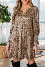 Load image into Gallery viewer, Khaki Leopard Print V Neck Ruffled Sleeve Tiered Loose Mini Dress