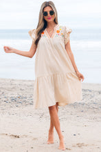 Load image into Gallery viewer, Jet Stream Linen Embroidery Split Neck Pom Pom Ruffle Sleeves Flowy Short Dress