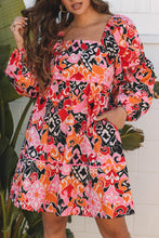 Load image into Gallery viewer, Pink Bohemian Square Neck Puff Sleeve Mini Dress