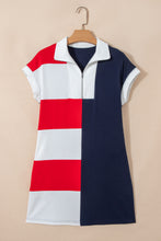 Load image into Gallery viewer, Navy Blue Americana Colorblock Stripes Zip up Collared T Shirt Mini Dress