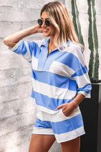Load image into Gallery viewer, Sky Blue Stripe Seam Detail Half Zip Tee Casual Shorts 2pcs Set