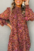 Load image into Gallery viewer, Red Floral Print Long Sleeve Shirred High Neck Loose Mini Dress