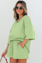 Load image into Gallery viewer, Meadow Mist Green Solid Loose V Neck Half Sleeve Tee and Shorts