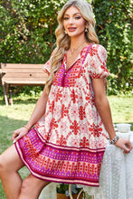 Load image into Gallery viewer, Rose Boho Floral Short Sleeve Lace-up V Neck Mini Dress