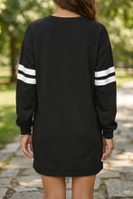 Load image into Gallery viewer, Tillandsia Purple Varsity Contrast Banded Sleeve Shift Sweatshirt Dress