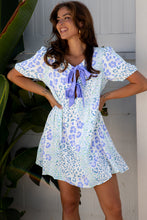 Load image into Gallery viewer, Sky Blue Leopard Contrast Bow Puff Sleeve Mini Dress