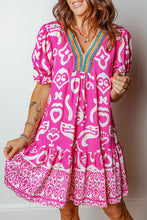 Load image into Gallery viewer, Rose Boho Mixed Print Contrast Trim V Neck Short Sleeve Flared Dress