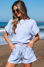 Load image into Gallery viewer, Pink Stripe Knitted Short Sleeve Top and Drawstring Shorts Set