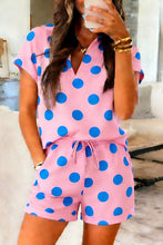 Load image into Gallery viewer, Beige Polka Dot Print V Neck Tee Short Set