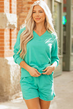 Load image into Gallery viewer, Dark Green Colorblock Trim V Neck Pullover Top and Shorts Set