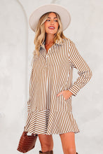Load image into Gallery viewer, Brown Stripe Ruffled Hem Collared Long Sleeve Shirt Mini Dress