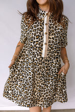 Load image into Gallery viewer, Multicolour Half Buttons Short Sleeve Loose Leopard Mini Dress with Pockets