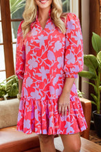 Load image into Gallery viewer, Red Floral Three Quarter Sleeves Ruffle Hem Mini Dress