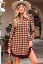 Load image into Gallery viewer, Red Plaid Print Ruffled Long Sleeve Patchwork Hem Mini Shirt Dress
