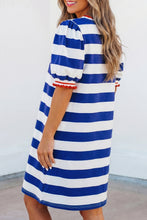 Load image into Gallery viewer, Red Stripe Contrast Trim Round Neck Short Puff Sleeve Shift Mini Dress