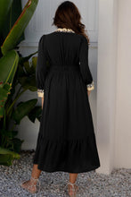 Load image into Gallery viewer, Black Contrast Leopard Frilled Trim V Neck Bracelet Sleeve Midi Dress