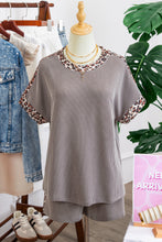 Load image into Gallery viewer, Light Grey Leopard Trim Twist Ribbed Short Set