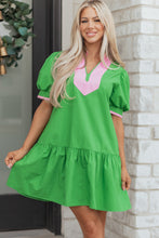 Load image into Gallery viewer, Bright Green Color Block Detail Split Neck Short Puff Sleeve Ruffle Hem Mini Dress