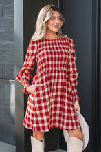 Load image into Gallery viewer, Red Plaid Print Smocked Puff Sleeve Mini Dress