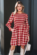 Load image into Gallery viewer, Red Plaid Print Smocked Puff Sleeve Mini Dress