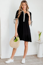 Load image into Gallery viewer, Black Stripe Detail Polo Collar Half Buttons Tied Short Sleeve Shift Mini Dress