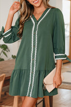 Load image into Gallery viewer, Canton Contrast Ricrac Trim Button V Neck Knotted Bracelet Sleeve Shift Dress