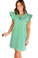Load image into Gallery viewer, Green Stripe Print Contrast Collar Split Neck Flutter Sleeve Short Dress
