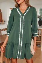Load image into Gallery viewer, Canton Contrast Ricrac Trim Button V Neck Knotted Bracelet Sleeve Shift Dress