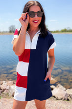 Load image into Gallery viewer, Navy Blue Americana Colorblock Stripes Zip up Collared T Shirt Mini Dress