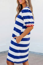 Load image into Gallery viewer, Red Stripe Contrast Trim Round Neck Short Puff Sleeve Shift Mini Dress