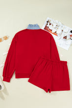 Load image into Gallery viewer, Racing Red Striped Collar Patchwork Satin Bow Sweatshirt and Shorts Set