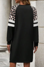 Load image into Gallery viewer, Black Leopard Print Patchwork Varsity Raglan Sleeve Sweatshirt Dress