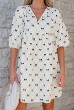 Load image into Gallery viewer, White Bowtie Pattern Textured Puff Half Sleeve Loose Mini Dress