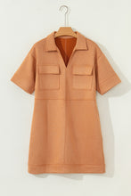 Load image into Gallery viewer, Thai Curry Collared V Neck Faux Suede Short Sleeve Shift Mini Dress