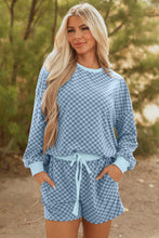 Load image into Gallery viewer, Sky Blue Checkerboard Long Sleeve Pullover and Shorts Set