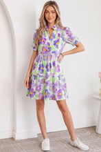Load image into Gallery viewer, Purple Floral V Collar Short Sleeve Tiered Ruffle Mini Dress